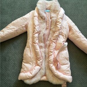 Blumarine Soft Pink Kids Puffer Jacket with Faux Fur Trim